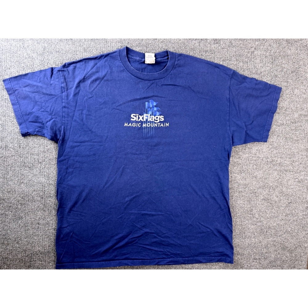 Vintage Six Flags Magic Mountain T Shirt 3X Blue Cotton Graphic Tee USA Made 90s
